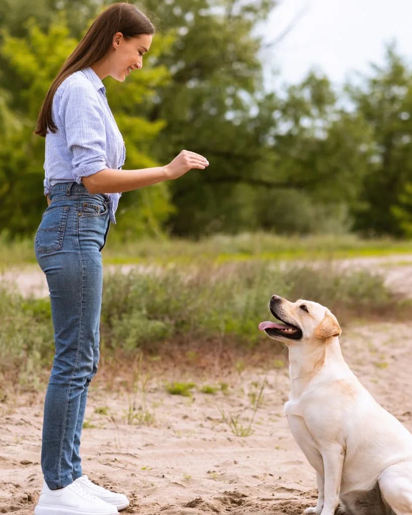 Dog trainer working with a Labrador outdoors