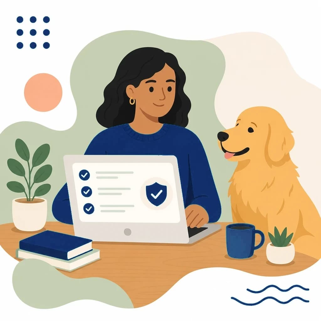 Illustration of a dog owner reviewing a clear verified checklist beside their dog