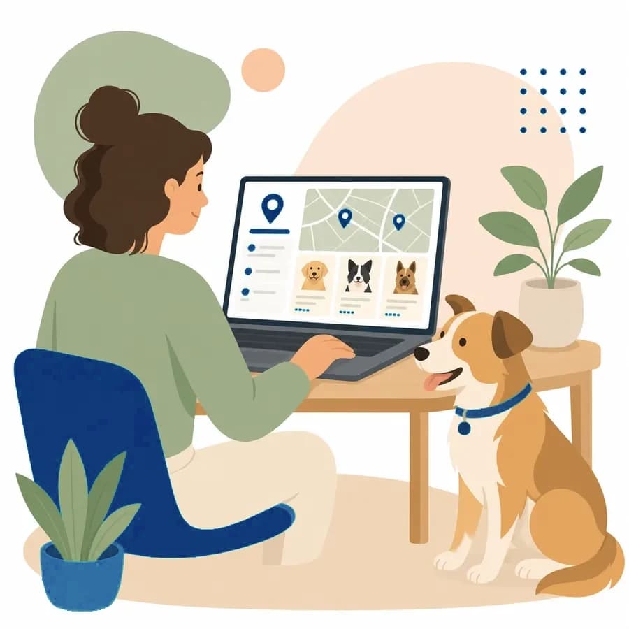 Illustration of a dog owner searching a training directory on a laptop with their dog nearby