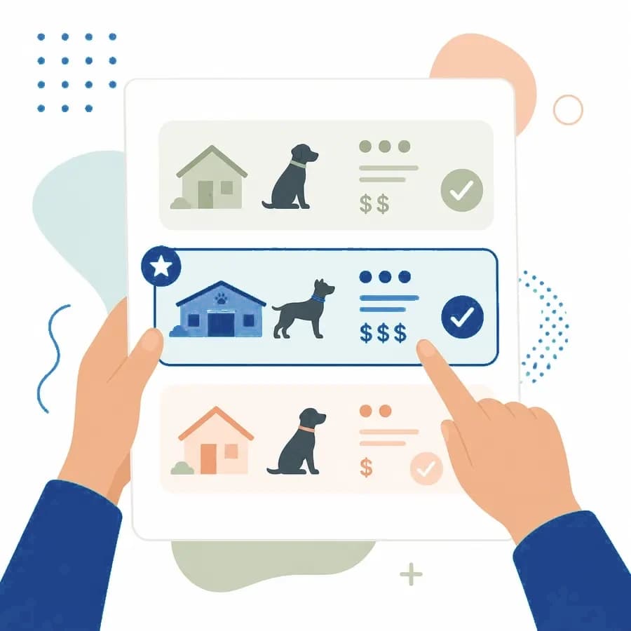 Illustration of hands reviewing a list of dog training program options with check marks