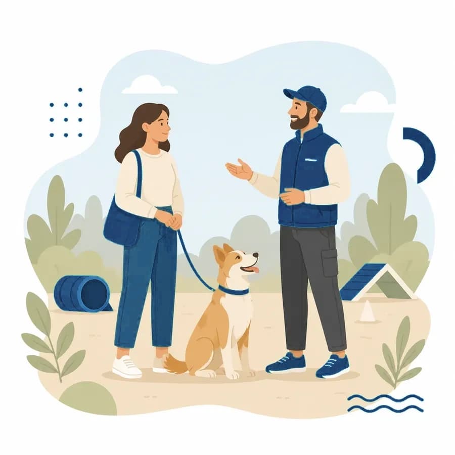 Illustration of a dog owner meeting a trainer outdoors with their dog