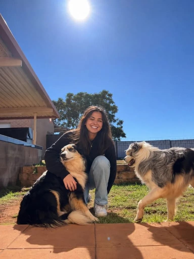Rachel M. with her two Australian Shepherds
