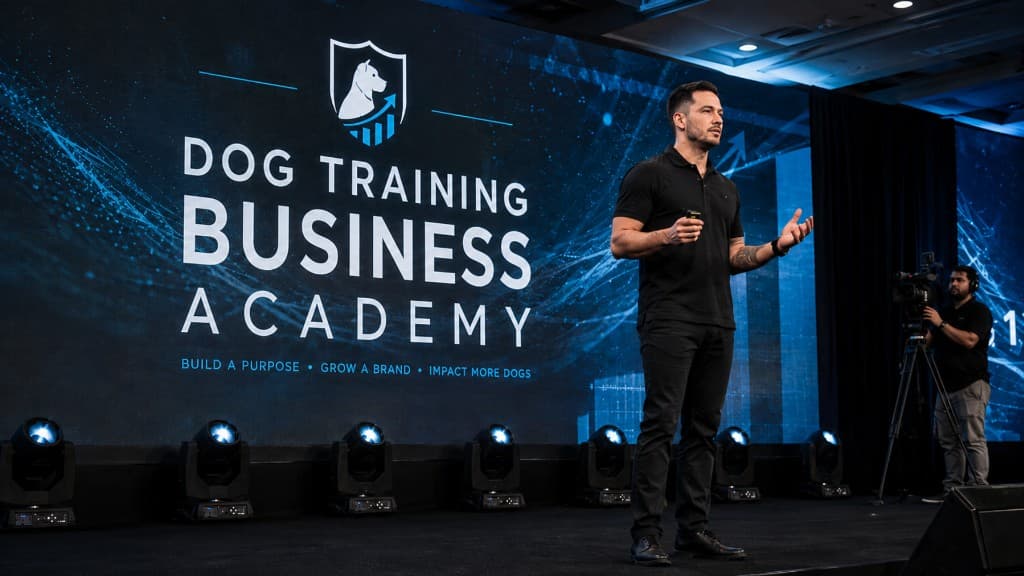 Richard Eusebio speaking on stage at the Dog Training Business Academy