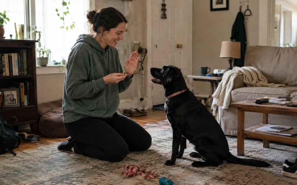 In-home dog training session with a woman rewarding a black dog on a living room rug