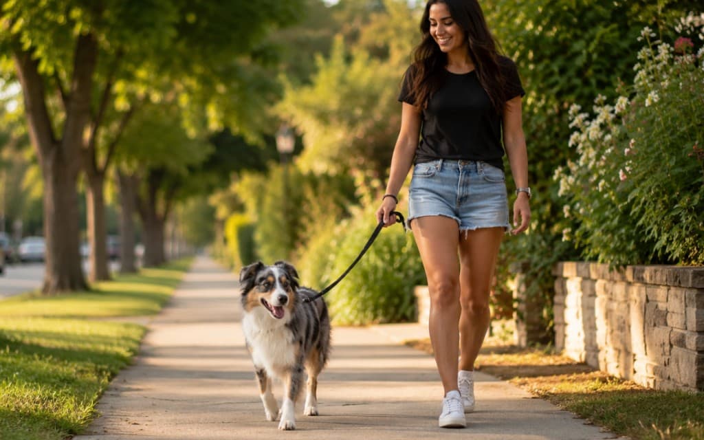Woman walking a merle Australian Shepherd on a leash along a sunlit sidewalk during outdoor dog training