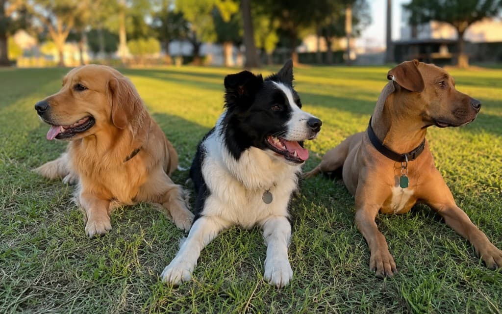 Golden Retriever, Border Collie, and mixed-breed dog resting together after park dog training