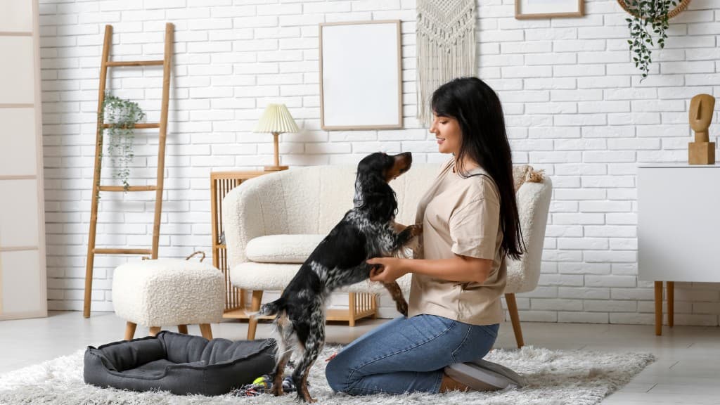 Woman kneeling on a living room rug during in-home dog training with a black-and-white speckled dog